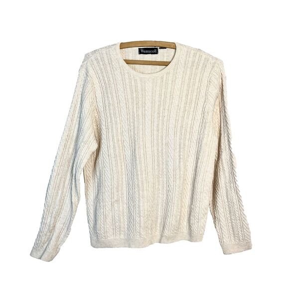 Vintage Women's WAINSCOTT White Baby Cable V-Neck Cotton Pullover Sweater Size M - Picture 1 of 5